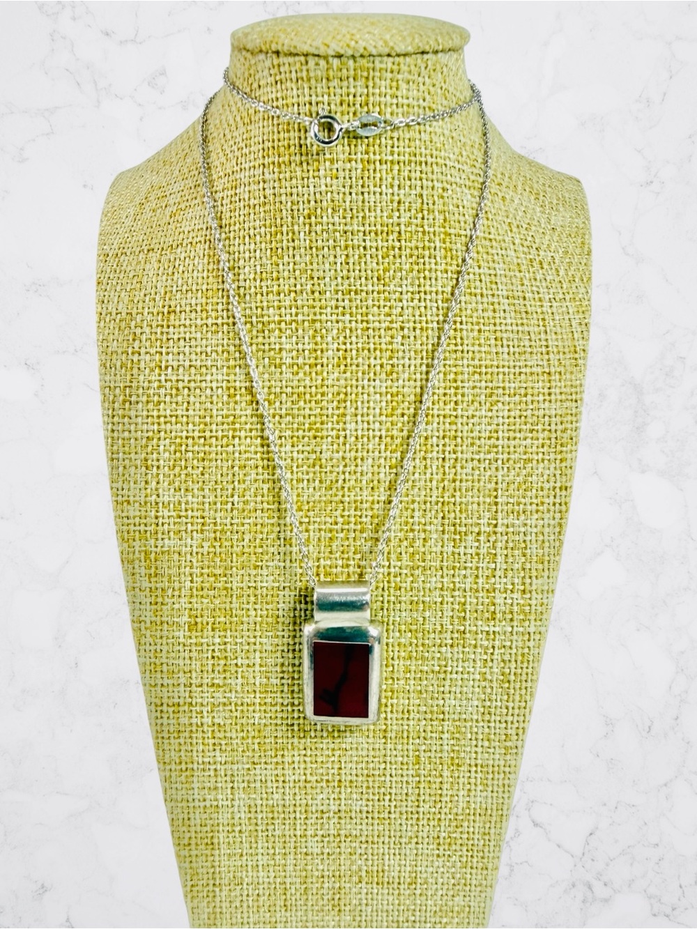 Sterling Silver 925 Mexico Red Jasper Gemstone Pendant Necklace Rectangle 18” - Picture 2 of 11